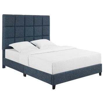 Legends Home Queen Size Navy Blue Denim Squares Upholstered Platform Bed