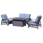 Courtyard Casual - Courtyard Casual Cabo 4 Piece Loveseat Fire Pit Set - Spend countless hours in your outdoor space enjoying our most popular Cabo collection. With clean lines and timeless beauty this outdoor furniture rises to the top on the comfort scale. Made with extra wide aluminum which has been hand brushed for a weathered wood grain look and is low maintenance. Cushions are made of Sunbrella brand high performance fabric and filled with densified foam and a vertical fiber for outstanding comfort. The Cabo collection offers both seating and dining and several pieces to outfit your outdoor space. Easy to assemble and 1 Year Limited Manufacturer Warranty