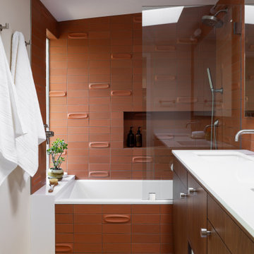 Dual Sink Walnut Vanity in Terracotta Tiled Main Bathroom
