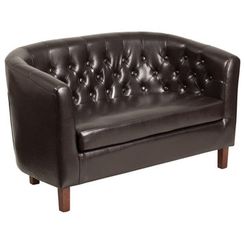 Traditional Loveseat, Faux Leather Seat With Loose Cushion & Tufted Back, Brown