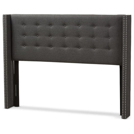 Ginaro Modern Dark Gray Fabric Button-Tufted Nailhead Queen Winged Headboard
