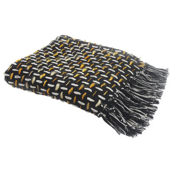 Modern Interwoven Throw Blanket with Fringe, Black/Gold/White