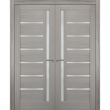 Solid French Double Doors 36 x 84 Frosted Glass, Quadro 4088 Grey Ash