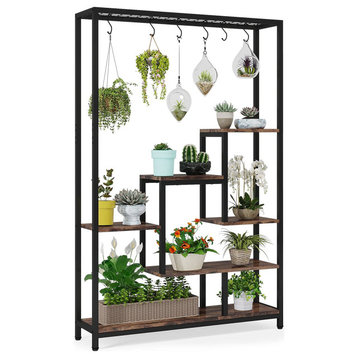 Tribesigns Indoor Plant Stand With 7-Tier Shelves and 10 Piece Hooks, Brown