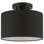 Livex Lighting - Bainbridge 1 Light Black Small Semi-Flush - The Bainbridge collection is both modern and versatile. The hand-crafted black fabric hardback shade is set off by the silky white fabric on the inside setting a pleasant mood. The small size single-light drum shade adds character to this handsomely styled semi flush. Perfect fit for the hallway, bathroom, kitchen and a small bedroom. This sleek design is shown in a black finish.