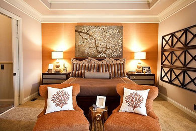 Large transitional carpeted and brown floor bedroom photo in Calgary with brown walls and no fireplace