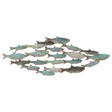 Rubber Wood School of Fish Wall D�cor, Distressed Turquoise and White