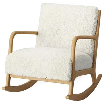 Modern Rocking Chair, Hardwood Frame With Comfortable Sherpa Seat, Natural/White