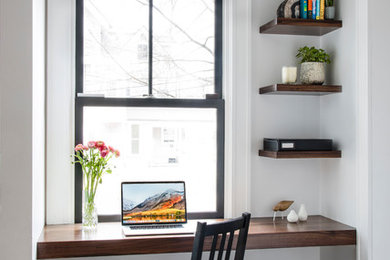 Inspiration for a small contemporary single-wall dark wood floor and gray floor eat-in kitchen remodel in Boston with dark wood cabinets, wood countertops, gray backsplash and brown countertops