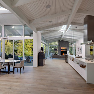 サンタバーバラの広いミッドセンチュリースタイルのLDKの画像 (白い壁、淡色無垢フローリング、暖炉なし、ベージュの床)