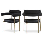 Meridian Furniture - Blake Upholstered Dining Chair, Black, Leather/Fabric, Brushed Brass, Set of 2 - Comfort comes to mealtime with this Blake boucle fabric and vegan leather dining chair. This lovely chair is just the right choice for your modern dining room, with its curved back that cradles you in comfort while you wine and dine the night away. A thickly padded soft lack vegan leather seat lends this chair a sleek, upscale look while ensuring its ongoing performance and beauty. The chair's brushed brass finish protects its all-metal iron frame.