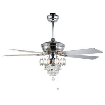 52'' 5 - Blade Crystal Ceiling Fan with Pull Chain and Light Kit Included, Chrome