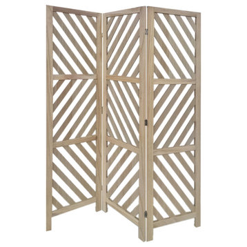 3 Panel Wooden Frame Screen With Diagonal Cut Slats, Natural Brown