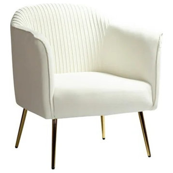 Set of 2 Contemporary Accent Chair, Golden Legs & Channeled Velvet Seat, Ivory