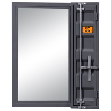 Industrial Style Metal Vanity Mirror With Recessed Door Storage, Gray