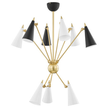 Moxie 9-Light Chandelier, Aged Brass, Black and White Shade