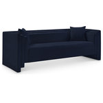 Meridian Furniture - Everett Upholstered Sofa, Navy, Chenille Fabric - Make this Everett navy chenille fabric sofa the center of a cozy reading nook. Handsome from every angle, this posh sofa is plumply appointed to put supreme comfort within easy reach. Soft navy chenille upholstery fabric adds to its lavish feel while a staggered design gives it a modern edge. An included pillow gives it a beckoning vibe while the sofa's solid wood inner frame makes it a lasting addition in any room.