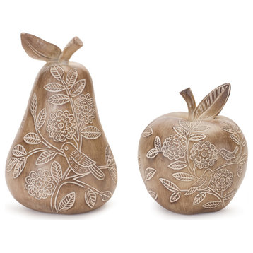 Floral Etched Pear and Apple Decor, 2-Piece Set