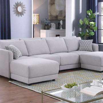 Penelope 111" Light Gray Linen 4-Seater Sofa with 2 Ottoman and Pillows