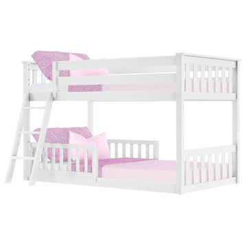 Twin Low Bunk Bed, Slatted Support With 2 Safety Guard Rails and Ladder, White