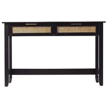 Transitional Console Table, Drawers With Brass Pulls & Woven Fiber Front, Black