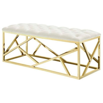 Modern Accent Bench, Unique Geometric Golden Base & Tufted Velvet Seat, Ivory