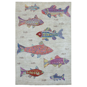 Oceanic Multicolor Fish Design Organic Wool Afghan Peshawar Silver Rug, 6'x8'10"