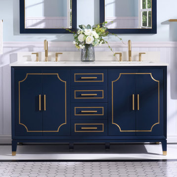 Melody Freestanding Bathroom Vanity with Wall Vanity Mirror and Quartz Top, Navy Blue, 60"