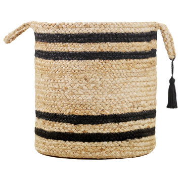Double Striped Natural Jute Decorate Storage Basket with Handles
