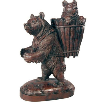 Sculpture Lodge Trudging Mama Bear With Cub in the Back Pack Oxblood
