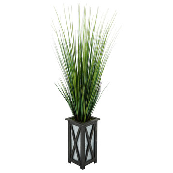 Artificial 50-inch Grass in Black Crisscross Wood/Metal Planter