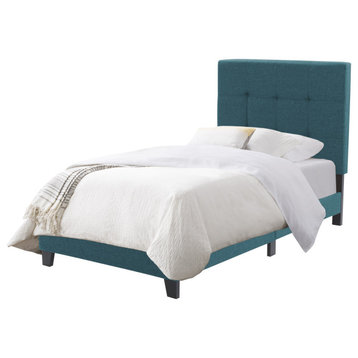 Ellery Twin Contemporary Fabric Tufted Bed with Slats, Teal Blue