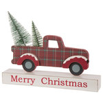 Glitzhome,LLC - 8" Enameled Metal/Wooden Wall Decor or Table Decor, Set of 2 - Displayed in bold red letters is the message "Merry Christmas" on base, while the pickup truck is feature in the holiday colors of red and green plaid with traditional Christmas tree decorate .