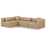 Meridian Furniture - Cube Upholstered Modular Sectional, Tan, 4-Piece: 2 Armless Chair, 2 Corner Chair, Vegan Leather - Elevate your space with the luxurious Cube Vegan Leather Modular Sectional. This modular sectional exudes modern elegance, charm, and comfort making it a perfect addition to any contemporary living space. Its clean lines and cube shape are reminiscent of minimalist design, while the plush tan vegan leather upholstery adds a touch of luxury and sophistication. The chair's versatile construction and geometric aesthetic seamlessly integrate into various design styles, from sleek living rooms to chic home offices, embodying the essence of modern design and creating a sense of order and tranquility in your space.