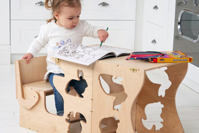 Diseño de habitación infantil unisex de 1 a 3 años escandinava pequeña con escritorio