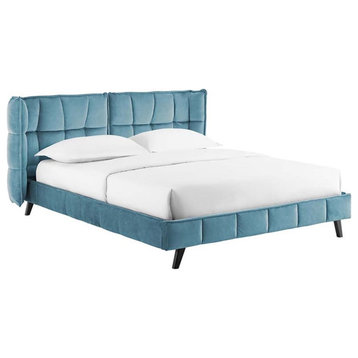 Modway Makenna Queen Modern Performance Velvet Platform Bed in Sea Blue