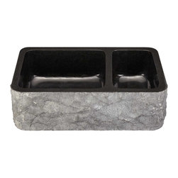 33" POLISHED GRANITE 70/30 OFFSET DOUBLE-BOWL FARMHOUSE SINK - CHISELED APRON - - Products