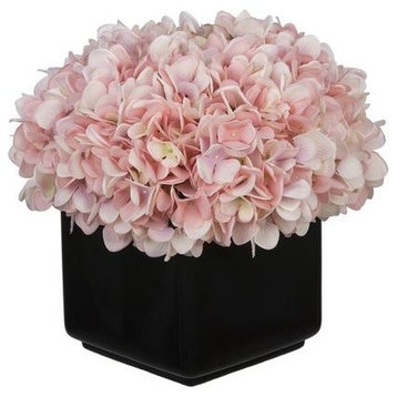 Artificial Baby Pink Hydrangea in Large Black Cube Ceramic