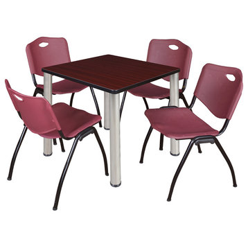 Kee 30" Square Breakroom Table, Mahogany/Chrome and 4 'M' Stack Chairs, Burgundy