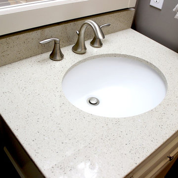 Gray Powder Room with White Vanity and Crystal Palace Quartz Countertop