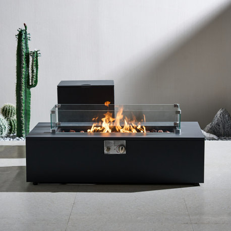 Outdoor Steel Fire Pit Table with Side Table Set, Wind Guard