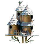 Zaer Ltd - Country Style Large Iron Birdhouse Stake, Pipersville, Cylinder with Fence - Our Country Style Birdhouse Collection offers beautiful, creative condominium homes for our feathered friends. Skillfully crafted in an antique copper finish, each birdhouse features several openings and perches for multiple birds. The "Pipersville" style has a magical fairy tale cottage feel, looking like it belongs in an enchanted wood.