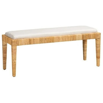 Modern Bohemian Bench, Woven Rattan Mahogany Wood Frame & White Cushioned Seat