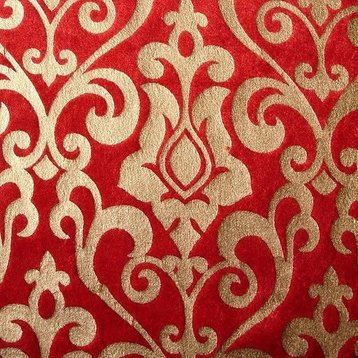 Red Damask Printed Velvet Fabric By The Yard, Velvet Fabric With Gold Print