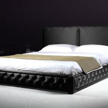 Black Tufted Modern Platform Bed in Silk