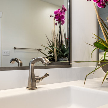 Transitional Primary Bathroom Remodel | Navy Vanity & Walk-In Shower