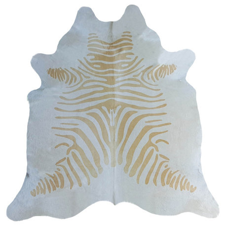 Zebra Print Cowhide Rug - Animal Print - Beige Stripes on Off White