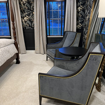 Dramatic Updated Traditional Primary Suite with Wallpaper and Wainscoting