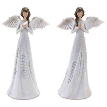 Angel Figurine With Silver Floral Accent, Set of 2