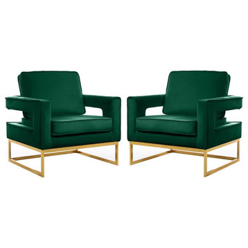 Home Square 2 Piece Upholstered Velvet Accent Chair Set in Green and Gold
